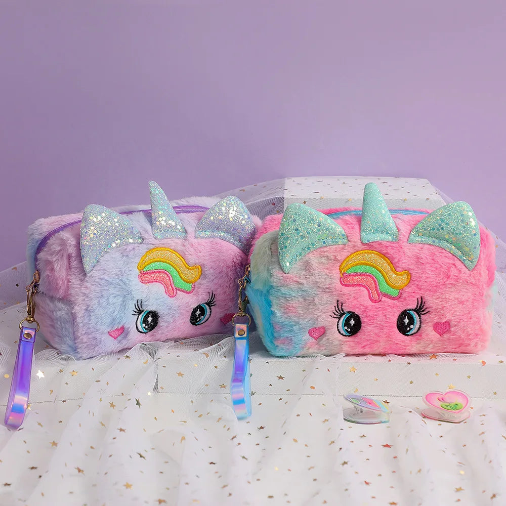 Cute Plush Unicorn Pencil Bag Aesthetic Pencil Cases Girl Kawaii Stationery Bag Children Large Capacity Pen Case School Supplies