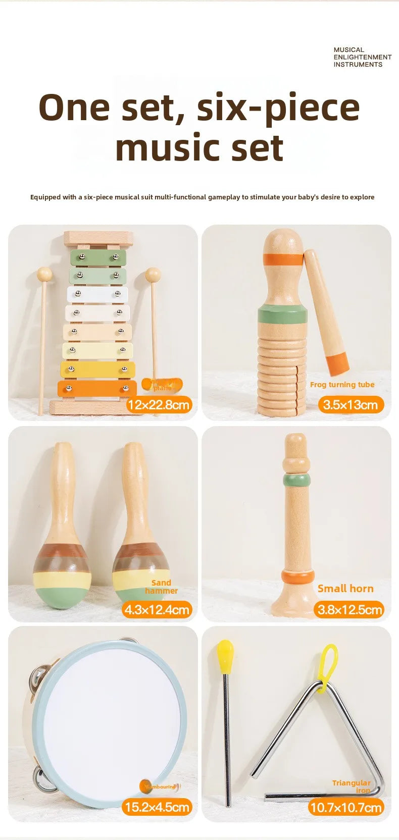 Montessori Wooden Percussion Set 6-in-1 Music Discovery Kit Toy for Toddlers 1-3 Years with Xylophone Shakers Sensory Toys Gifts
