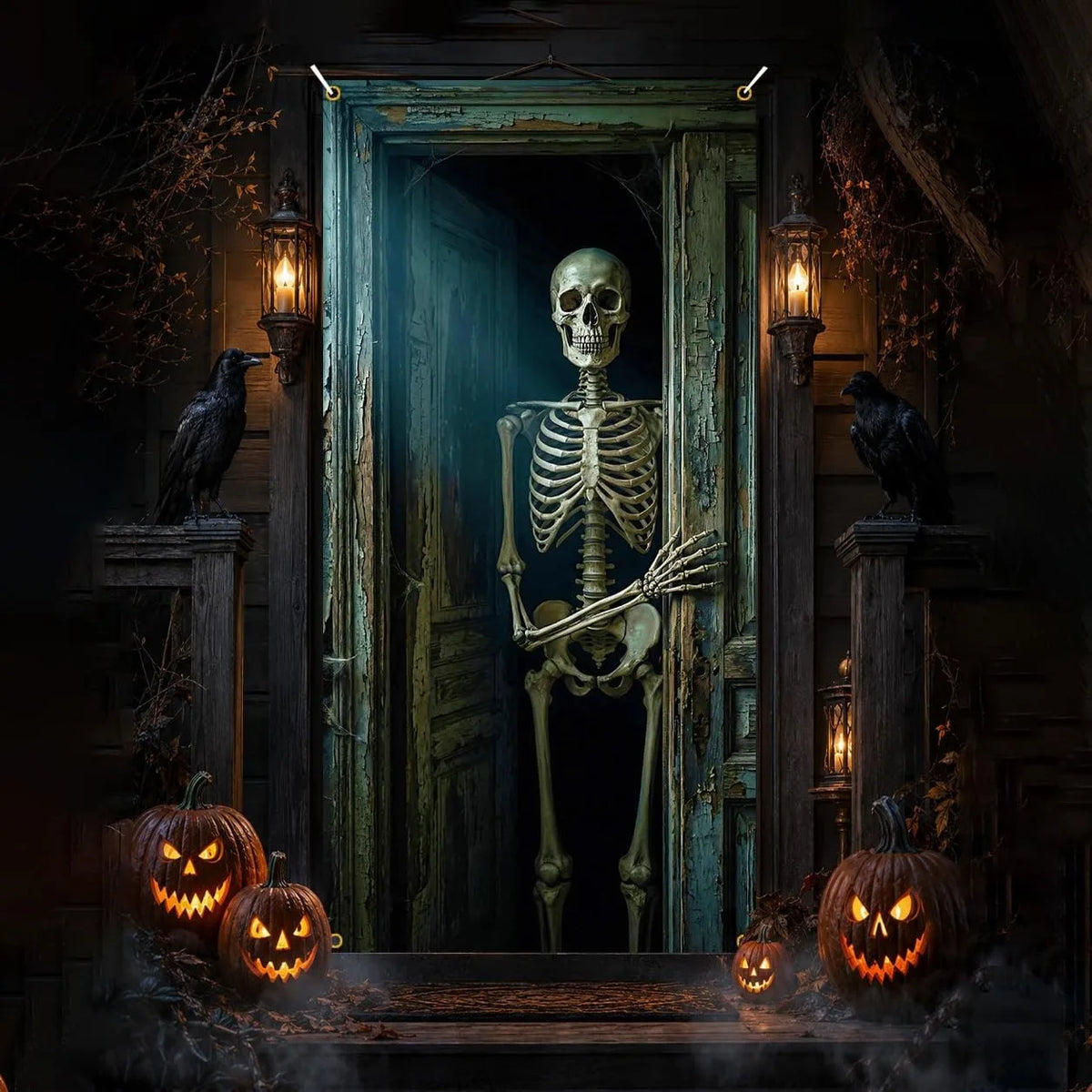 Halloween Door Banner, Scary Hanging Skeleton Photography Background Party Decoration and Supplies Photo Props