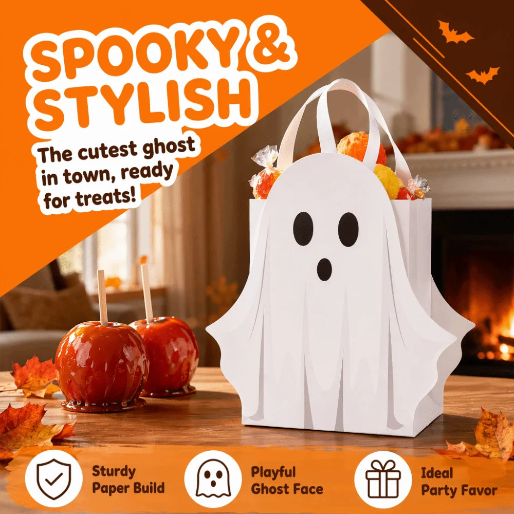 Halloween Home Decoration White Halloween Paper Bag Handbag Cartoon Ghost Packaging Bag Funny Festival Candy Gift Bag Kids
