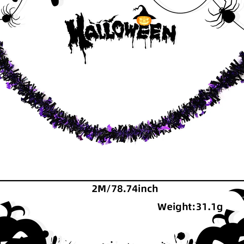 Halloween Decorative Streamers - 2m Dense Pumpkin & Skull Tinsel Hangings | Haunted House & Yard Decor with Bat Garlands