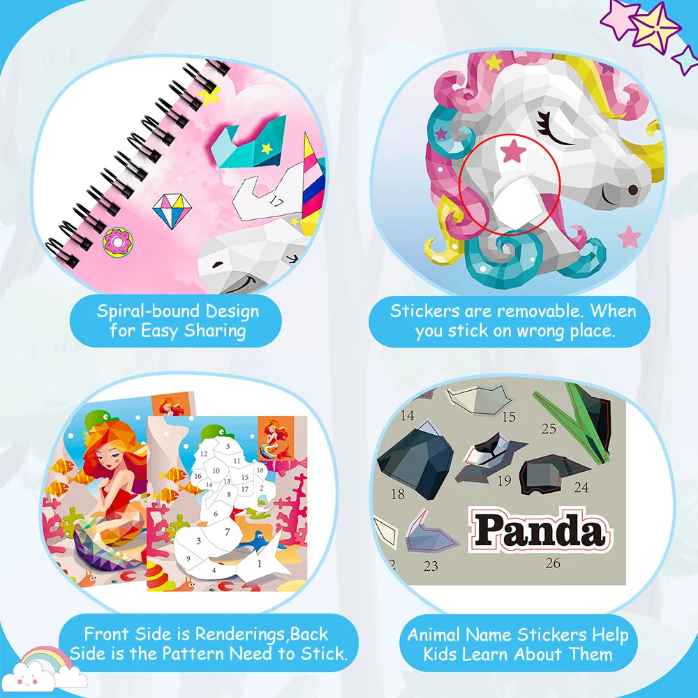 1-6PCS Sticker Book For Kids Unicorn Sticker Paint Book Mermaid Children's Sticker By Number For Birthday Gift Girls Stationery