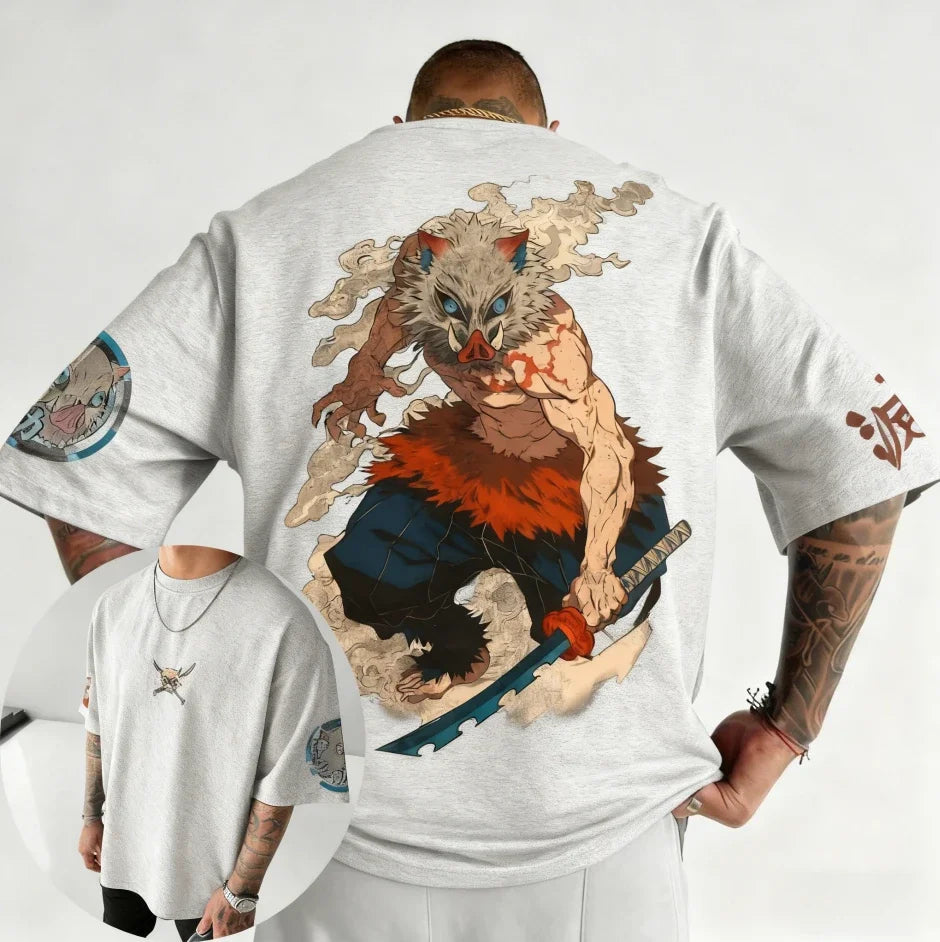 Demon Slayer Anime Hashibira Inosuke Printed T-shirt 2026 Men's Autumn/Winter Harajuku New Daily Casual Parent-child Top