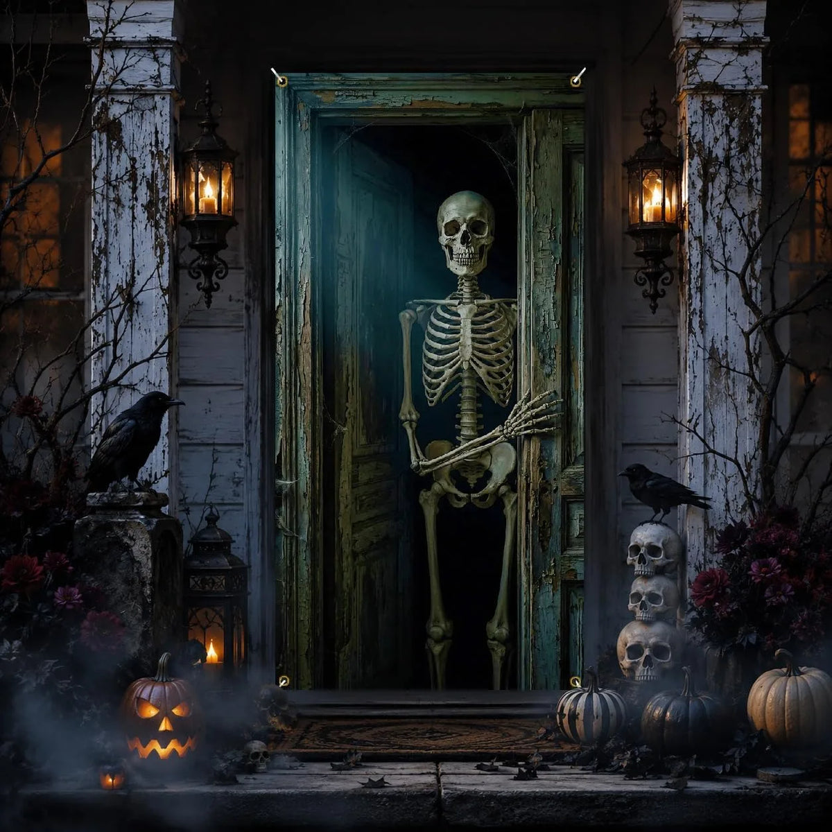 Halloween Door Banner, Scary Hanging Skeleton Photography Background Party Decoration and Supplies Photo Props