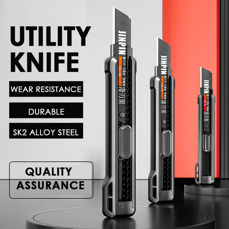 3pcs 18mm Retractable Utility Knife Heavy Duty Durable Non Slip Box Cutter Carton Package Opener with 10pcs Black Steel Blades