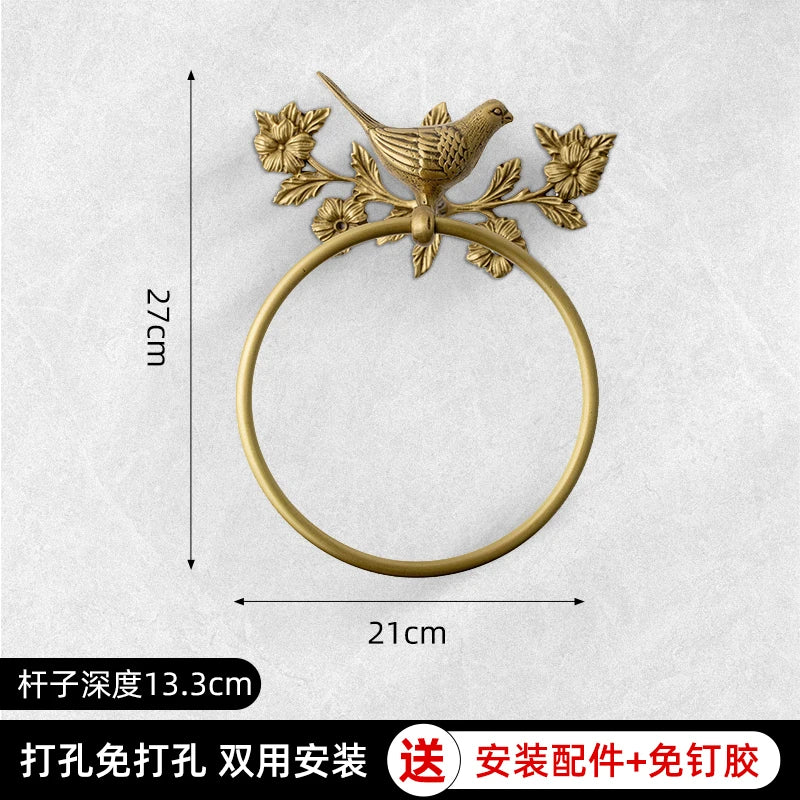 Retro Brass Bird Towel Ring Storage Rack Perforation-free Towel Rack for Bathroom and Bathroom Paper Towel Storage Wall Hanging