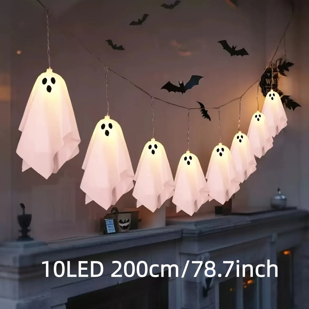 Halloween White Cloth Ghost LED String Lights Indoor Window Fireplace Spooky Party Hanging Decor Fairy Lamp