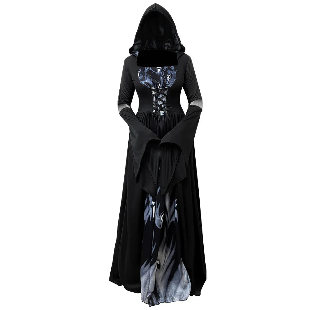 Halloween Witch Dress Gothic Vintage Dark-Style Hooded Vampire Dresses Bell Sleeves Full Skirt Waist Cinched Festival Party Gown