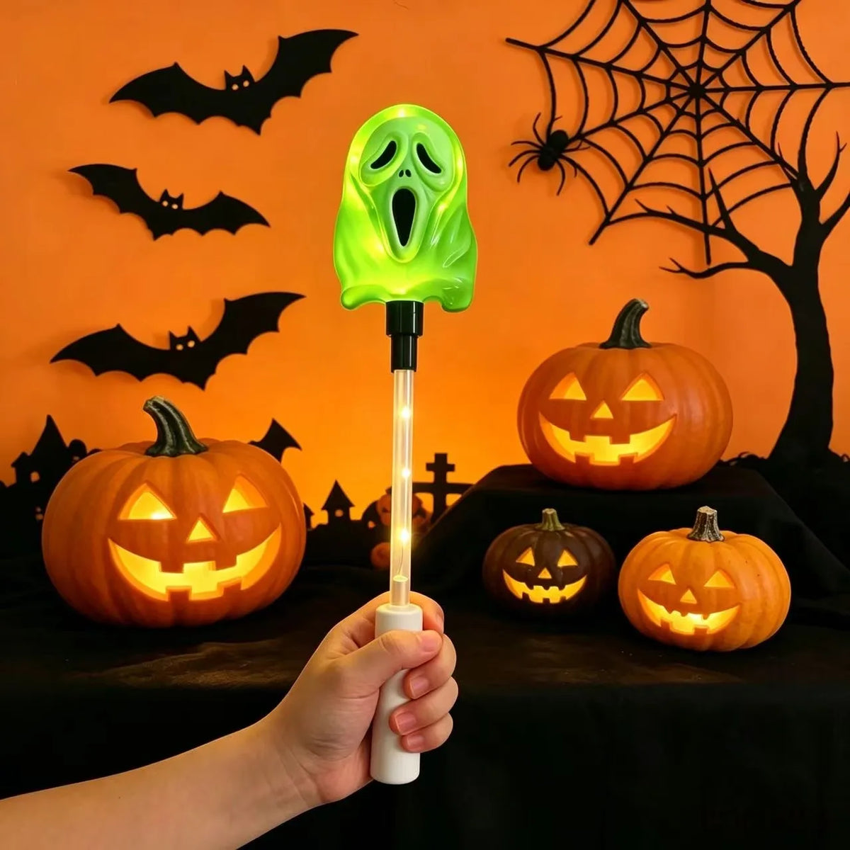 Halloween Ghost LED Light Up Wand,Battery Powered Glowing Scream Ghost Handheld Flashing Stick,Party Cosplay Decorations