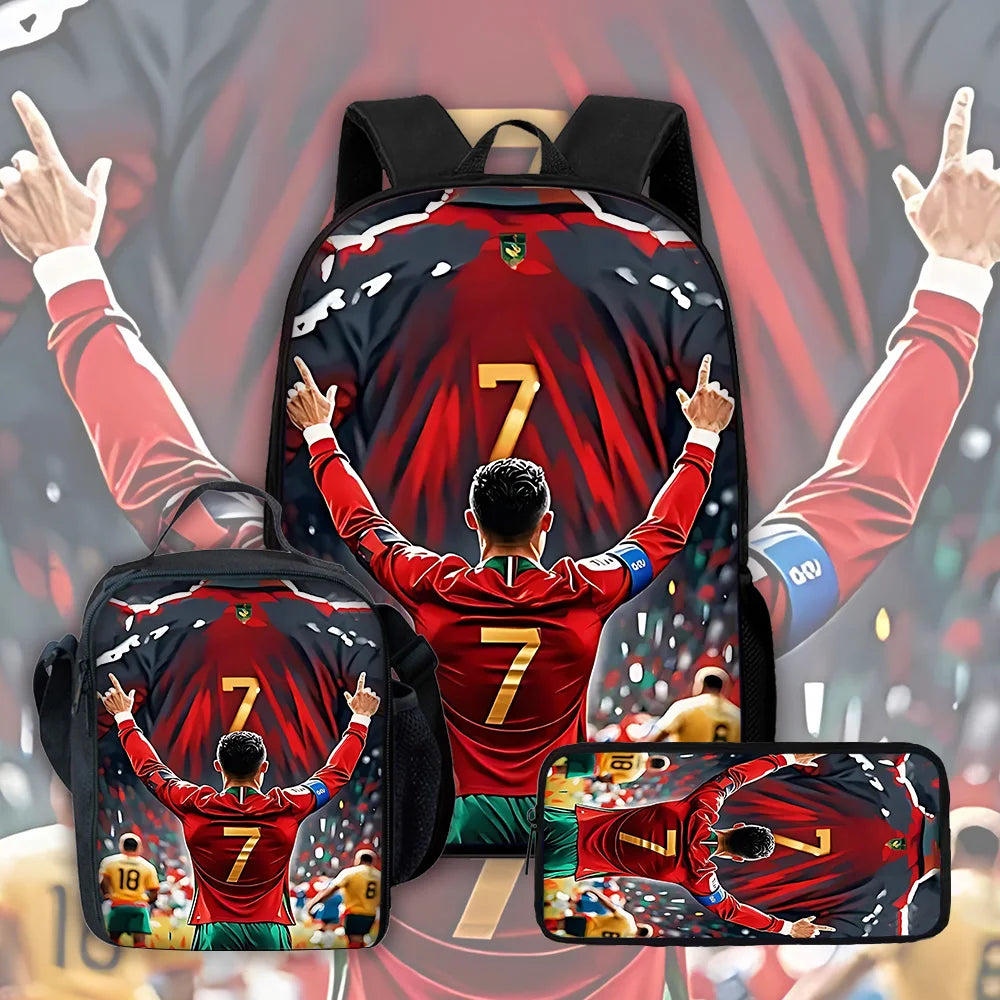 Football Star Child School Backpack with Lunch R-Ronaldos Bags ,Pencil Bags ,C-CR7 School Bags for Boys Girls Best Gift