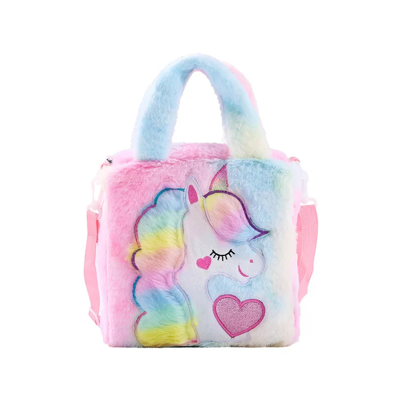 Kids Bags Shoulder Bags Cartoon Embroidered Plush One Shoulder Bag Cute Girl Children's Handbag Unicorn Girl Crossbody Bag Spot