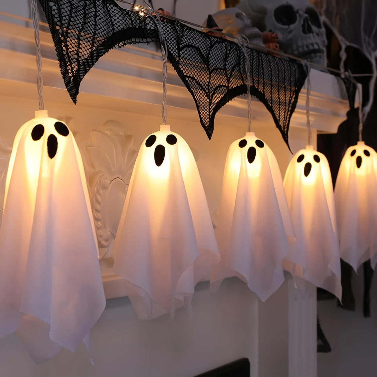 Halloween White Cloth Ghost LED String Lights Indoor Window Fireplace Spooky Party Hanging Decor Fairy Lamp