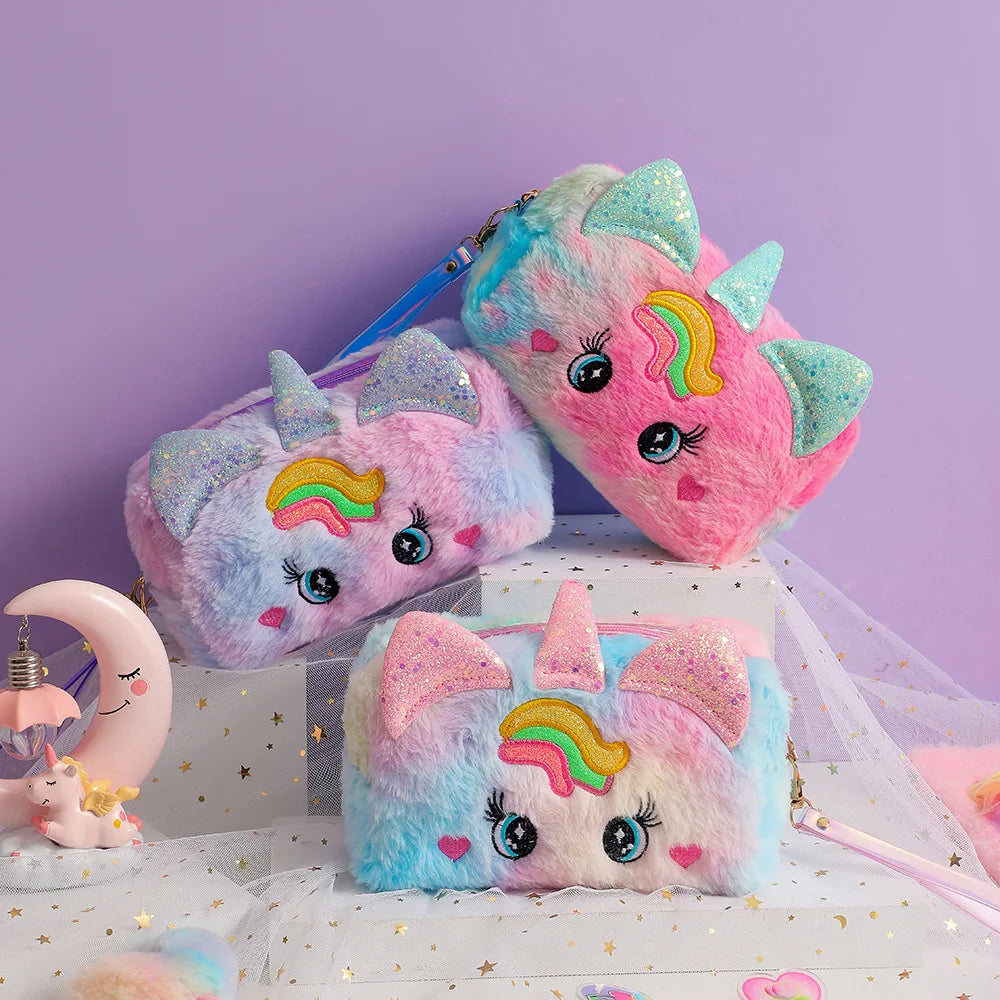Cute Plush Unicorn Pencil Bag Aesthetic Pencil Cases Girl Kawaii Stationery Bag Children Large Capacity Pen Case School Supplies