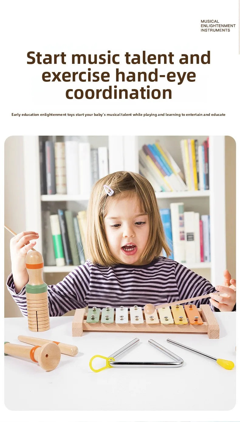 Montessori Wooden Percussion Set 6-in-1 Music Discovery Kit Toy for Toddlers 1-3 Years with Xylophone Shakers Sensory Toys Gifts