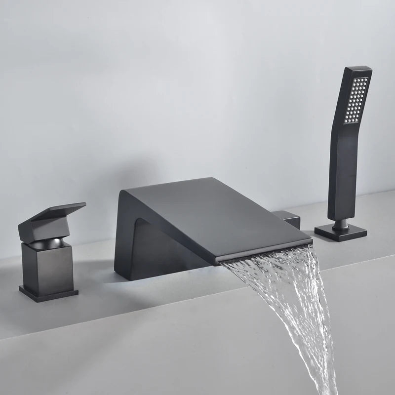 Solid Brass 4Pcs Gold Brushed  Waterfall Bathtub Faucet Set Black 4 Holes Hot and Cold Water Mixer Tap Bathroom