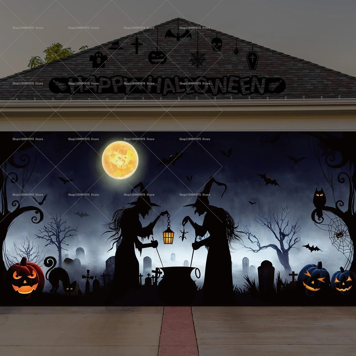 Halloween Skeleton Pumpkin Garage Door Banner Decor Photography Backdrop Outdoor Walls Events Background Props Party Supplies