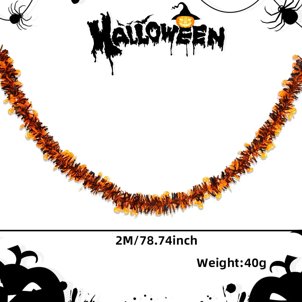 Halloween Decorative Streamers - 2m Dense Pumpkin & Skull Tinsel Hangings | Haunted House & Yard Decor with Bat Garlands