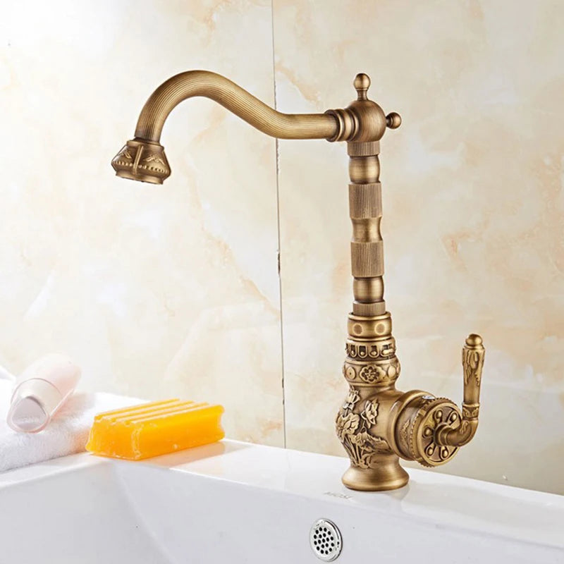 Antique Bronze Luxury Copper Deck Mount Sink Mixer Tap for Bathroom Basin, Hot/Cold Water Vintage Style Carving Design