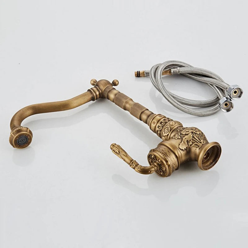 Antique Bronze Luxury Copper Deck Mount Sink Mixer Tap for Bathroom Basin, Hot/Cold Water Vintage Style Carving Design