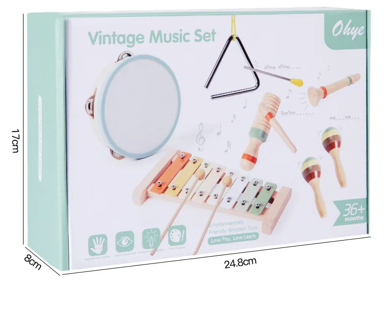 Montessori Wooden Percussion Set 6-in-1 Music Discovery Kit Toy for Toddlers 1-3 Years with Xylophone Shakers Sensory Toys Gifts