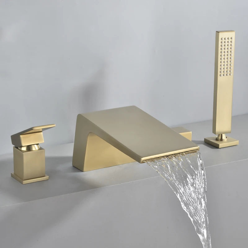 Solid Brass 4Pcs Gold Brushed  Waterfall Bathtub Faucet Set Black 4 Holes Hot and Cold Water Mixer Tap Bathroom