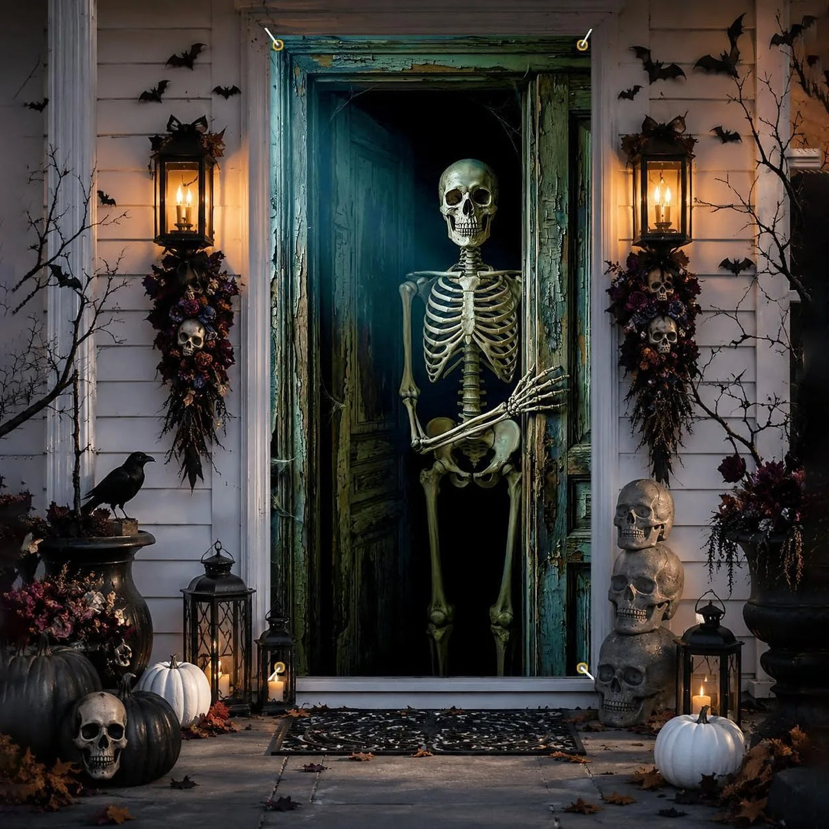 Halloween Door Banner, Scary Hanging Skeleton Photography Background Party Decoration and Supplies Photo Props