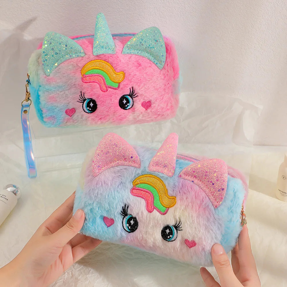 Cute Plush Unicorn Pencil Bag Aesthetic Pencil Cases Girl Kawaii Stationery Bag Children Large Capacity Pen Case School Supplies