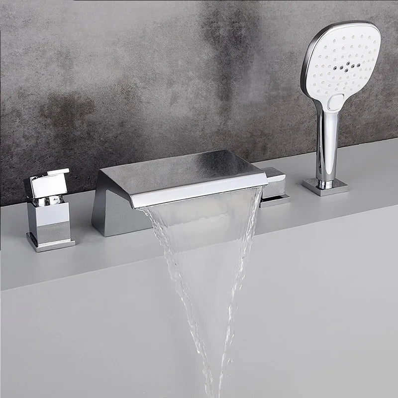 Solid Brass 4Pcs Gold Brushed  Waterfall Bathtub Faucet Set Black 4 Holes Hot and Cold Water Mixer Tap Bathroom