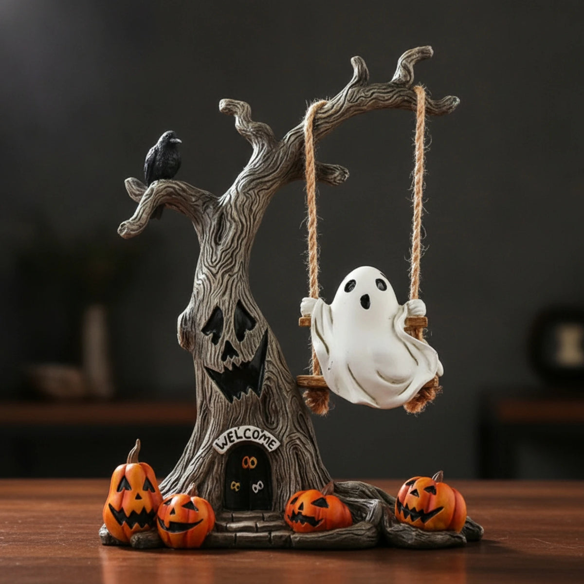 Halloween Tree with Ghost Swing Festive Ghost Figurine with Tree Swing Sculpted Charming for Home Decorators, Mantel, Bookshelf