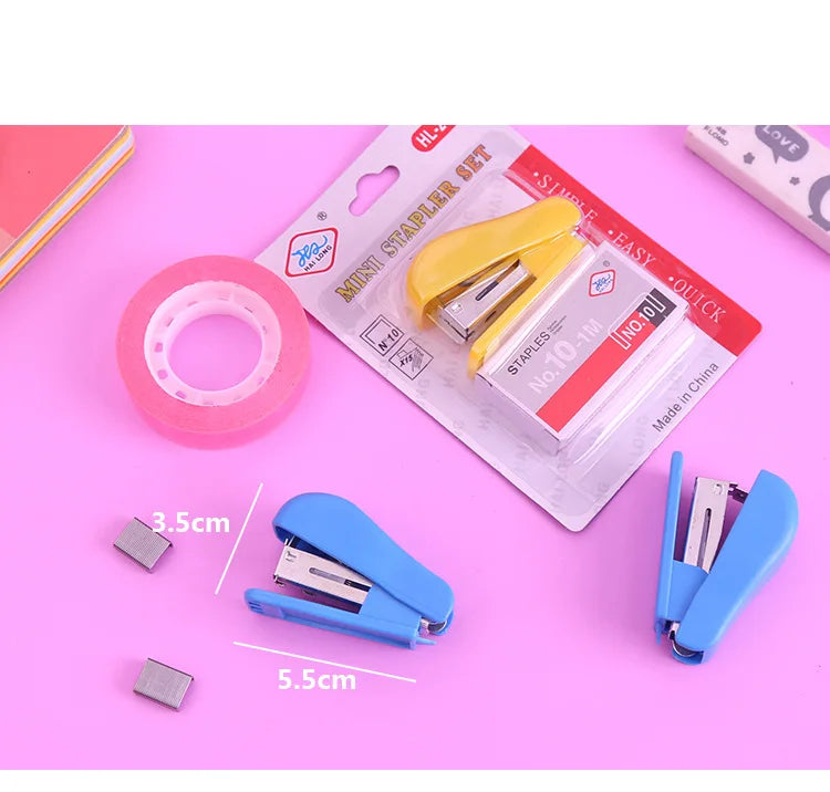 1Set Random Color Mini Size Stapler Set Solid Office Stationery Student Use For No. 10 Staples