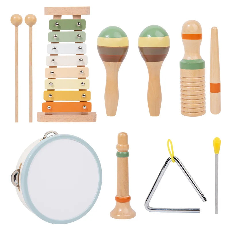 Montessori Wooden Percussion Set 6-in-1 Music Discovery Kit Toy for Toddlers 1-3 Years with Xylophone Shakers Sensory Toys Gifts