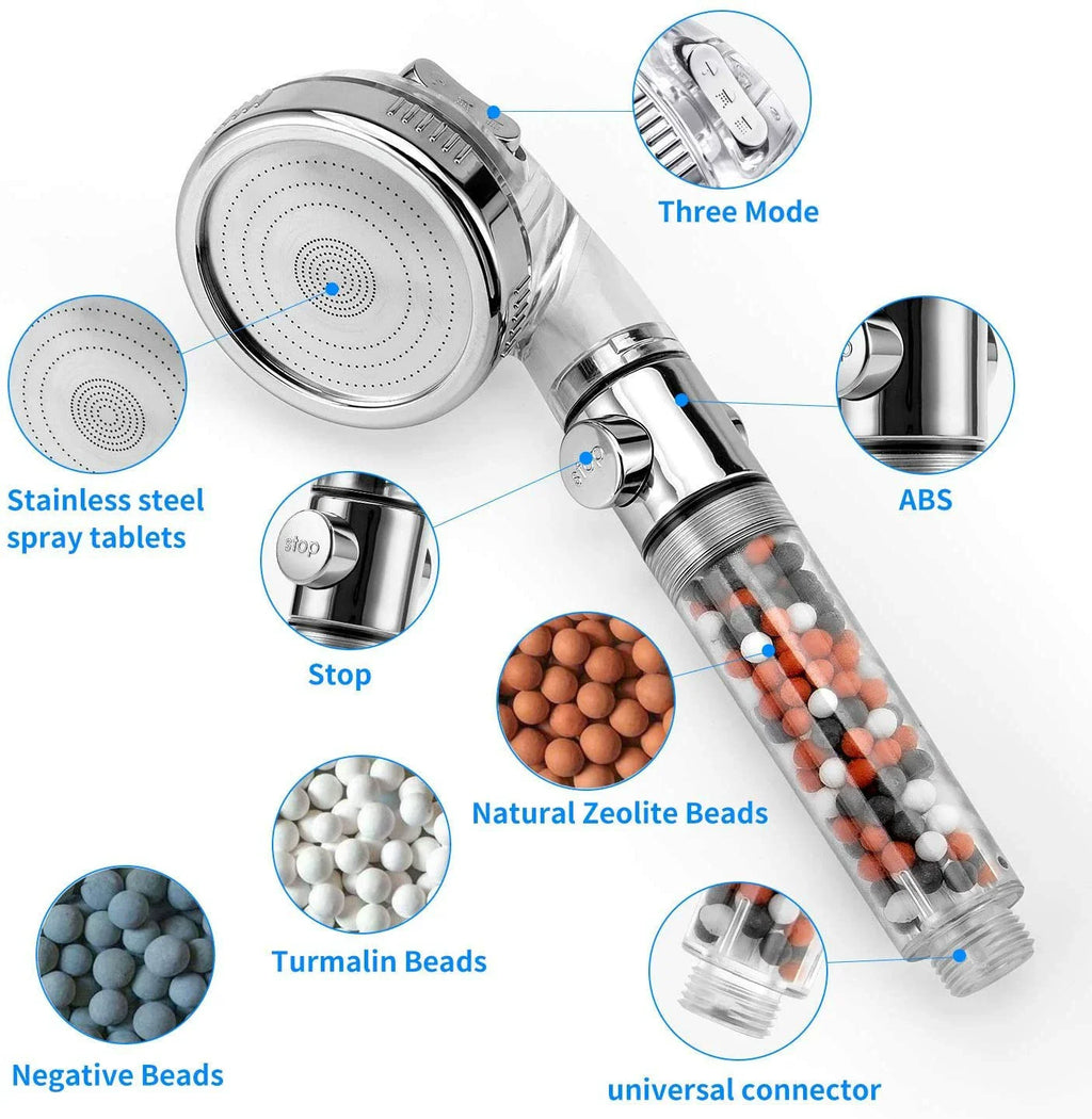 Shower Head High Pressure with Mineral Beads On/Off Switch Filter 3 Modes Water Saving Handheld Showerheads Bathroom Accessories