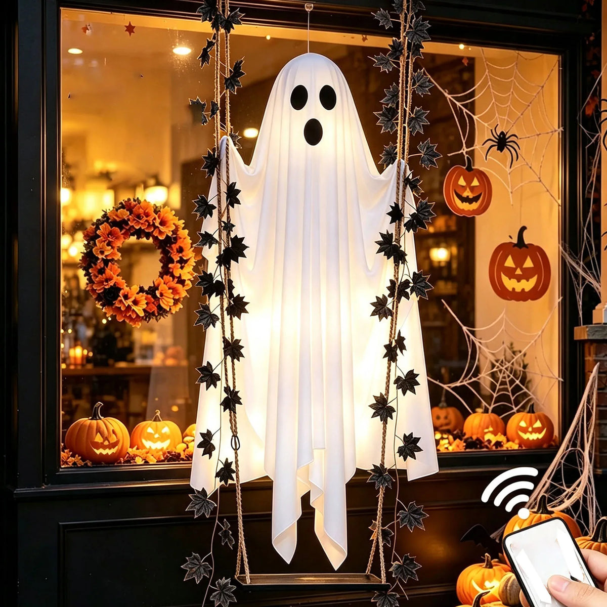 Halloween Ghost Pendant Maple Leaf Swing Ghost  Yard Decoration with Battery Box and Remote Control Halloween Party Decorations